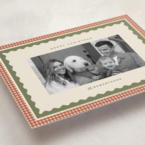 This is a olive foil pressed holiday cards with foil pressed by Ellen Schlegelmilch called gingham layers printing on recycled smooth signature in standard