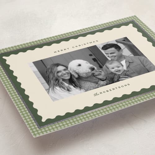 This is a garland foil pressed holiday cards with foil pressed by Ellen Schlegelmilch called gingham layers printing on recycled smooth signature in standard
