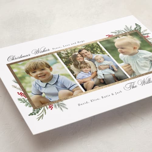 This is a peppermint foil pressed holiday cards with foil pressed by Susan Moyal called warmest wish printing on recycled smooth signature in standard