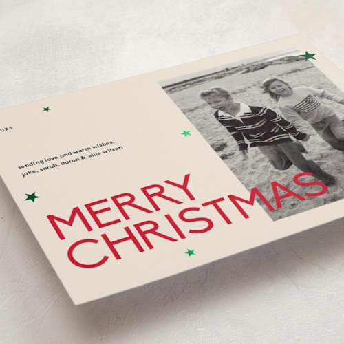 This is a peppermint foil pressed holiday cards with foil pressed by Owl and Toad called sparkles printing on recycled smooth signature in standard