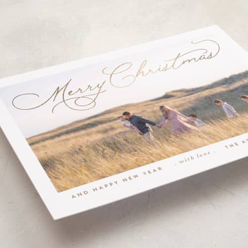 This is a pinecone foil pressed holiday cards with foil pressed by Design Lotus called softly merry printing on recycled smooth signature in standard