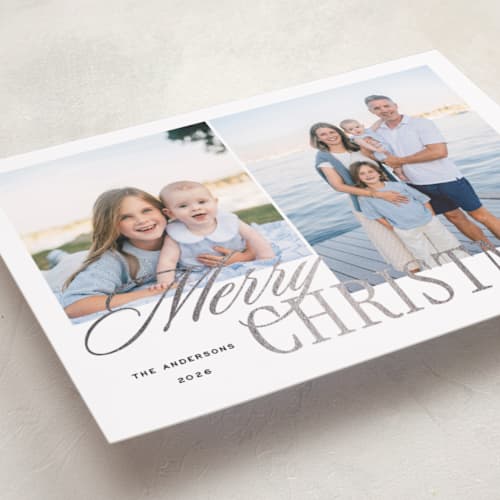 This is a snowflake foil pressed holiday cards with foil pressed by Emily Betts called two stacked printing on recycled smooth signature in standard