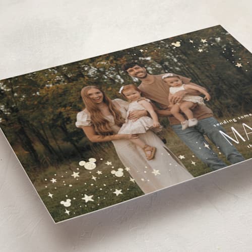 This is a mickey gloves foil pressed holiday cards with foil pressed by Danie Romrell called disney mickey holiday magic printing on recycled smooth signature in standard