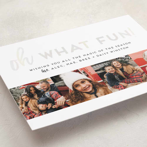 This is a black rhodium gloss press holiday cards with gloss press by Alexandra Cohn called oh what fun quad printing on recycled smooth signature in standard