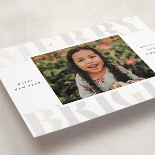 This is a snow gloss press holiday cards with gloss press by Brooke Chandler called merry & bright holiday printing on recycled smooth signature in standard