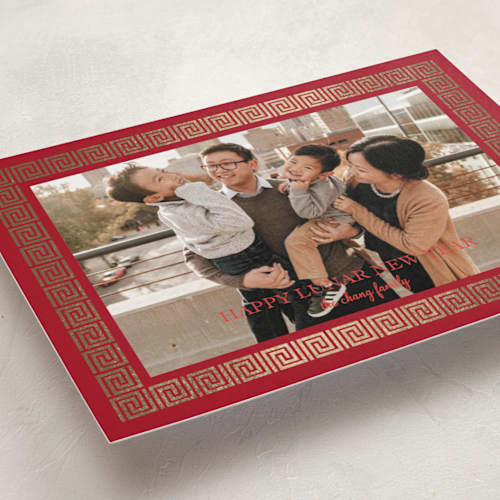 This is a cardinal chinese new year cards with foil pressed by Malty Designs called lunar festival border printing on recycled smooth signature in standard