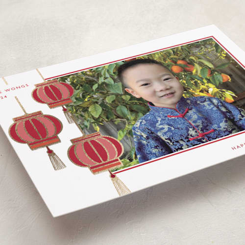 This is a moon chinese new year cards with foil pressed by Sejal Banker called goodluck lanterns printing on recycled smooth signature in standard
