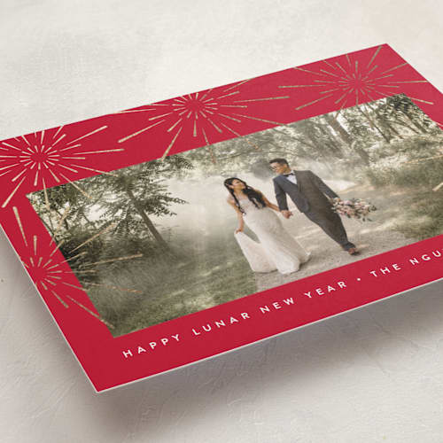 This is a garnet chinese new year cards with foil pressed by Heather Schertzer called lunar celebration printing on recycled smooth signature in standard