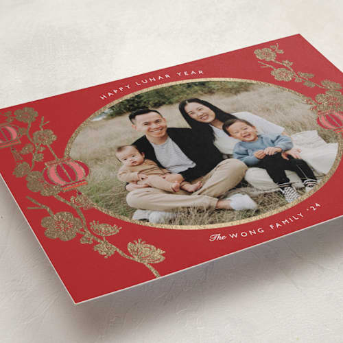 This is a ruby chinese new year cards with foil pressed by Sejal Banker called traditions printing on recycled smooth signature in standard