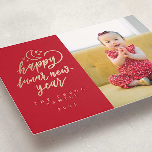 This is a wine chinese new year cards with foil pressed by Claudia Orengo called bright days ahead printing on recycled smooth signature in standard