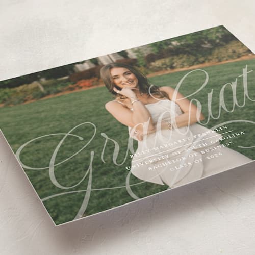 This is a pearl graduation announcements with standard by Paper Raven Co. called savannah script printing on recycled smooth signature in standard