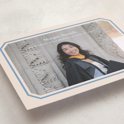 This is a robins egg graduation announcements with standard by Carolyn MacLaren called angled frame printing on recycled smooth signature in standard