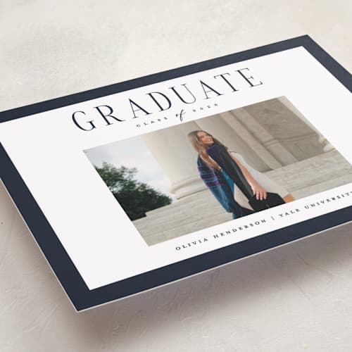 This is a navy graduation announcements with standard by Christy Hy Lee called classic layout printing on recycled smooth signature in standard