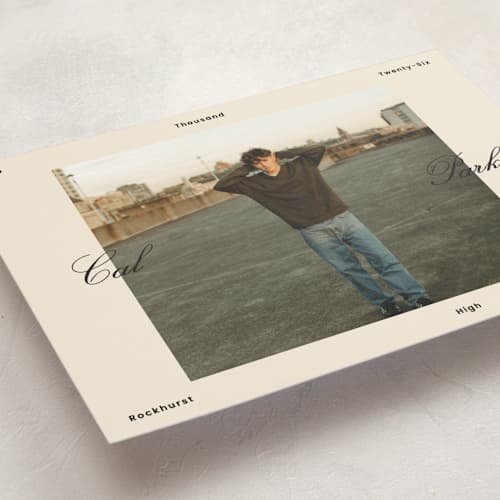 This is a sand graduation announcements with standard by Rachel Cassel called perfectly scripted printing on recycled smooth signature in standard