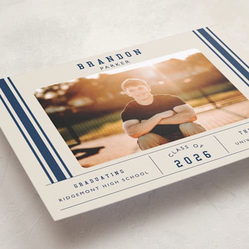 This is a navy graduation announcements with standard by Sarah Rosenthal called mvp printing on recycled smooth signature in standard