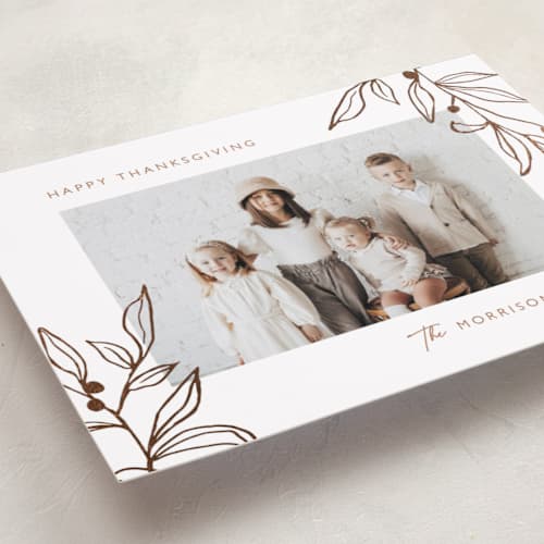 This is a chocolate thanksgiving cards invitations with foil pressed by Katherine Moynagh called harvest berries printing on recycled smooth signature in standard