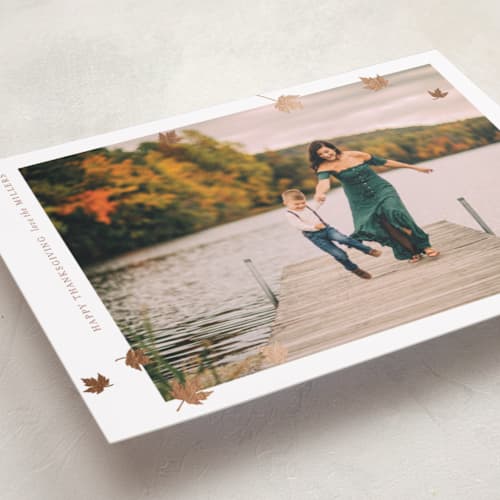 This is a snow thanksgiving cards invitations with foil pressed by Jenna Holcomb called autumnal leaves printing on recycled smooth signature in standard