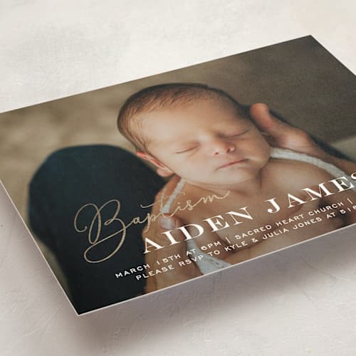 This is a snow baptism and christening announcements with foil pressed by Dennis Smith called script baptism printing on signature in standard