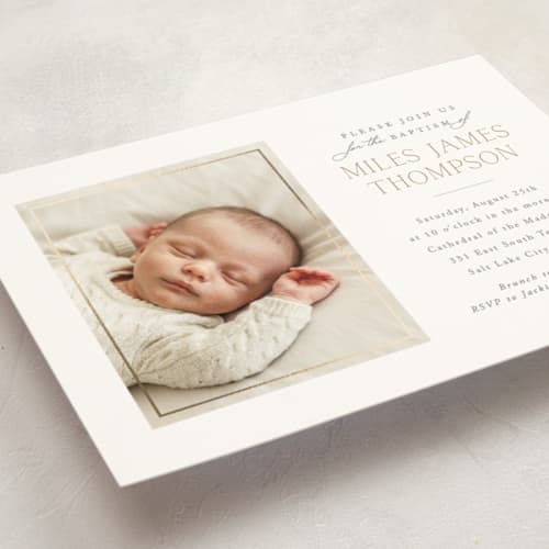 This is a linen baptism and christening announcements with foil pressed by Robert and Stella called keepsake printing on signature in standard