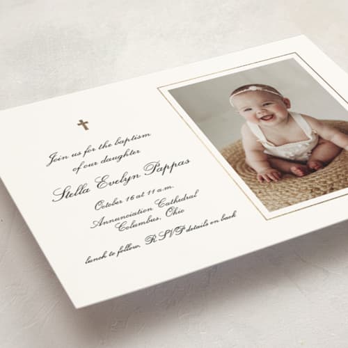 This is a newsprint baptism and christening announcements with foil pressed by Lea Delaveris called faith printing on signature in standard