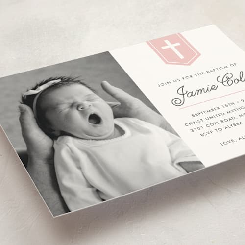 This is a bubblegum baptism and christening announcements with standard by Susan Asbill called delicate cross printing on signature in standard