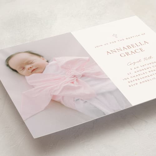 This is a blush baptism and christening announcements with standard by Morgan Kendall called cross printing on signature in standard