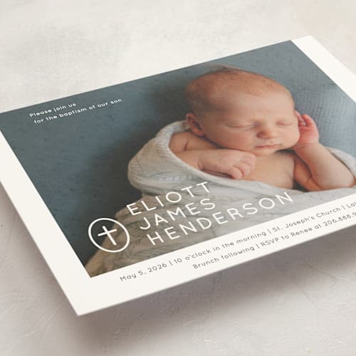 This is a slate baptism and christening announcements with standard by Drango Design called simply modern cross printing on signature in standard