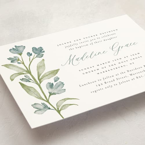 This is a bluebird baptism and christening announcements with standard by Heather Cairl called bloom printing on signature in standard