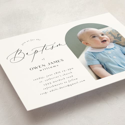 This is a ink baptism and christening announcements with standard by Morgan Kendall called elegant minimalism printing on signature in standard