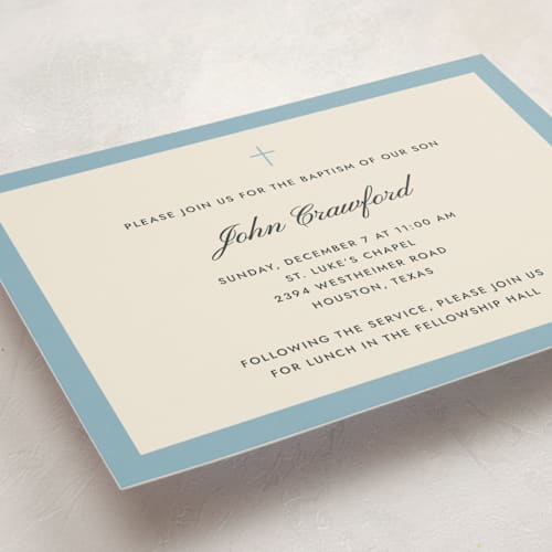 This is a french blue baptism and christening announcements with standard by Megan Davis called chapel printing on signature in standard