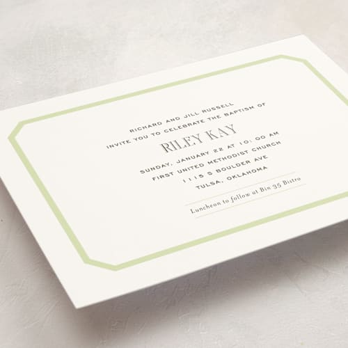 This is a pear baptism and christening announcements with standard by Megan Davis called gramercy printing on signature in standard