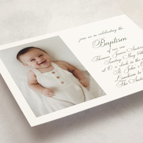 This is a fern baptism and christening announcements with standard by Megan Davis called walden printing on signature in standard