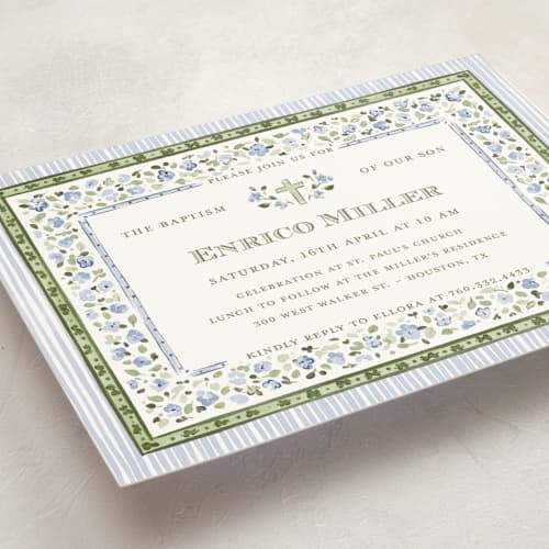 This is a blue whisper baptism and christening announcements with standard by Pati Cascino called linette printing on signature in standard