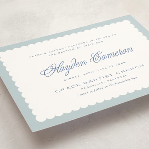 This is a frost baptism and christening announcements with standard by Kelly Watkins called sweet scallops printing on signature in standard