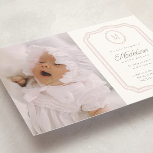 This is a petal baptism and christening announcements with standard by Robert and Stella called lace monogram printing on signature in standard