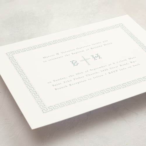 This is a jade baptism and christening announcements with standard by Becky Nimoy called cross stitch printing on signature in standard