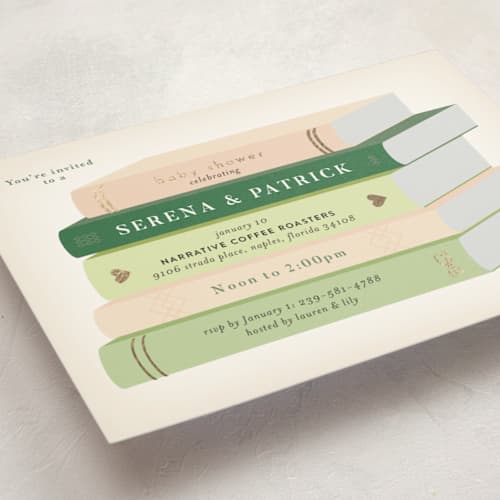 This is a blush foil stamped baby shower invitations with foil pressed by Palm Bridal called book stack printing on signature in standard