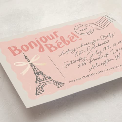 This is a petal foil stamped baby shower invitations with foil pressed by Karidy Walker called paris postcard printing on signature in standard