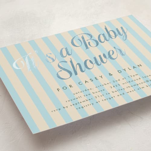 This is a cream soda foil stamped baby shower invitations with foil pressed by Morgan Kendall called soda shoppe printing on signature in standard