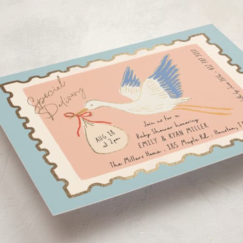 This is a sky foil stamped baby shower invitations with foil pressed by Elly called stamp printing on signature in standard