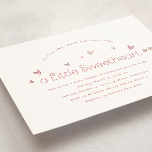 This is a candy foil stamped baby shower invitations with foil pressed by letterfix called little sweetheart printing on signature in standard