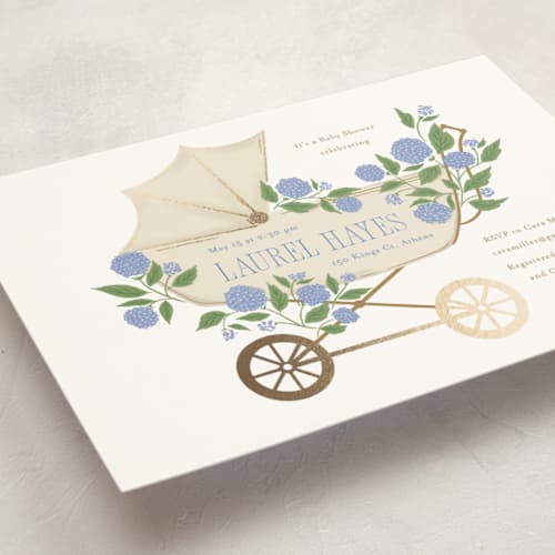 This is a sky foil stamped baby shower invitations with foil pressed by Cindy Reynolds called hydrangea pram printing on signature in standard