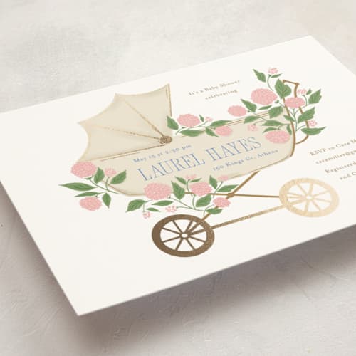 This is a mulberry foil stamped baby shower invitations with foil pressed by Cindy Reynolds called hydrangea pram printing on signature in standard