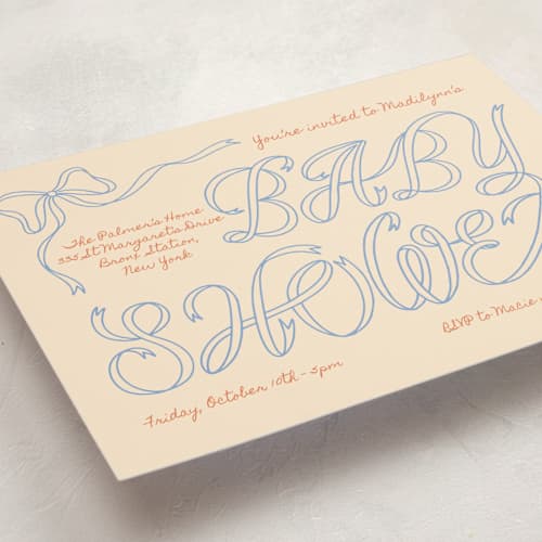 This is a citrus sky baby shower invitations with standard by Zove Ahhh called ribbon of joy printing on signature in standard