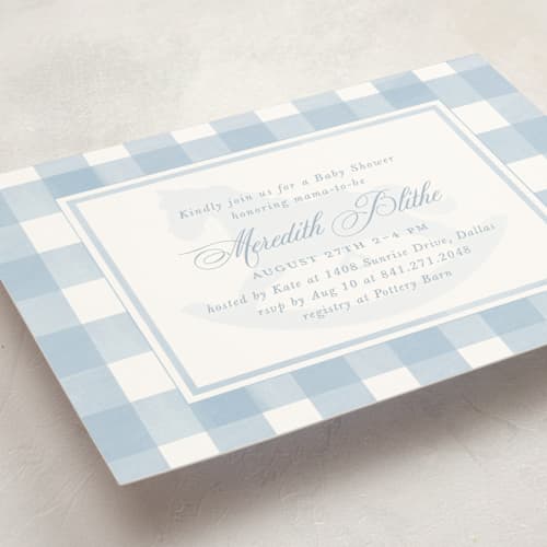 This is a sky baby shower invitations with standard by Melinda Denison called classic gingham printing on signature in standard