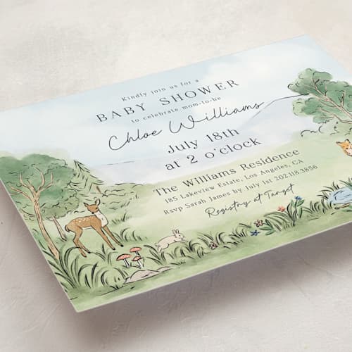 This is a forest baby shower invitations with standard by Elly called a woodland adventure printing on signature in standard
