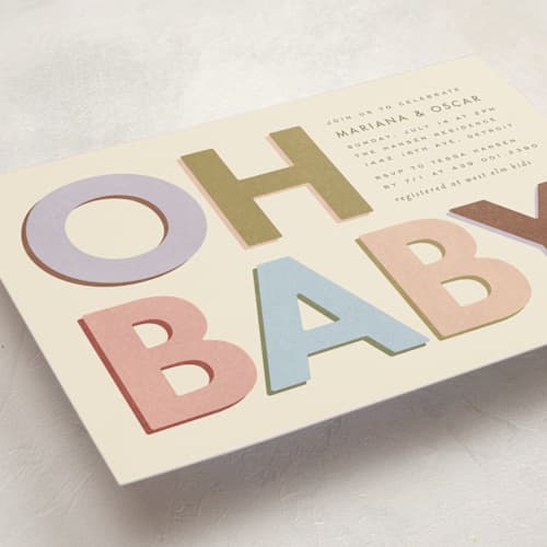 This is a muted baby shower invitations with standard by Ellen Schlegelmilch called block letters printing on signature in standard