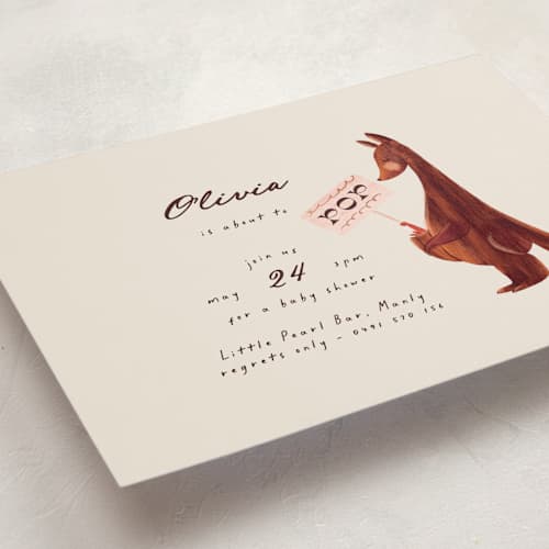 This is a cream baby shower invitations with standard by Gwen Bedat called kangaroo pop printing on signature in standard