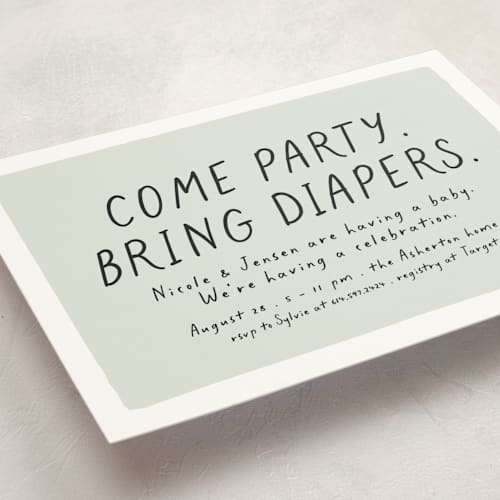 This is a mint baby shower invitations with standard by Lea Delaveris called bring diapers printing on signature in standard