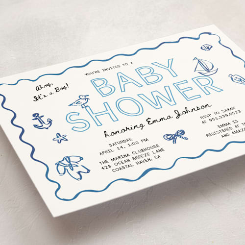 This is a denim baby shower invitations with standard by Cass Loh called nautical doodles printing on signature in standard